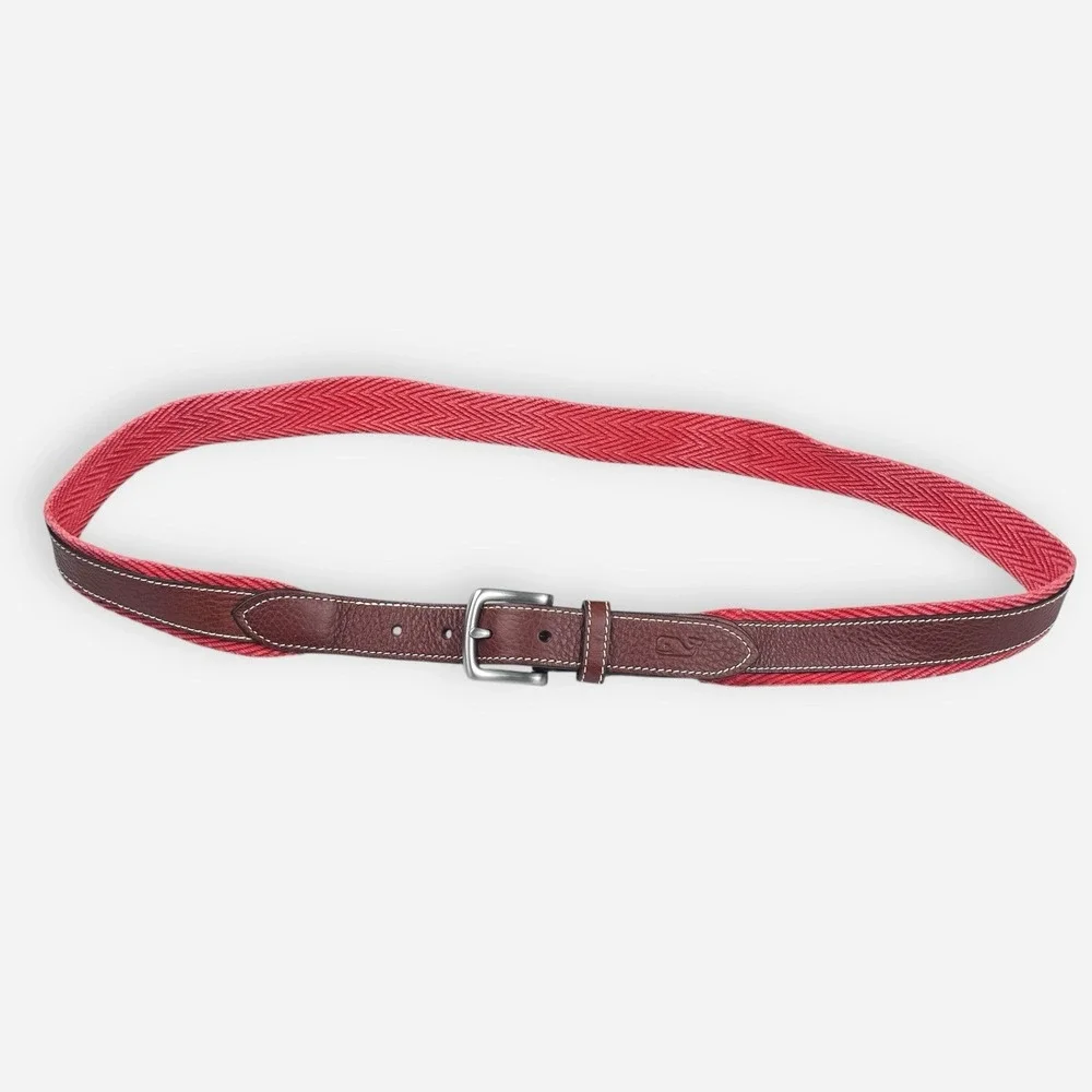 Vineyard Vines Men's Belt Chevron Webbing Canvas Leather Jetty‎ Red Sz 44